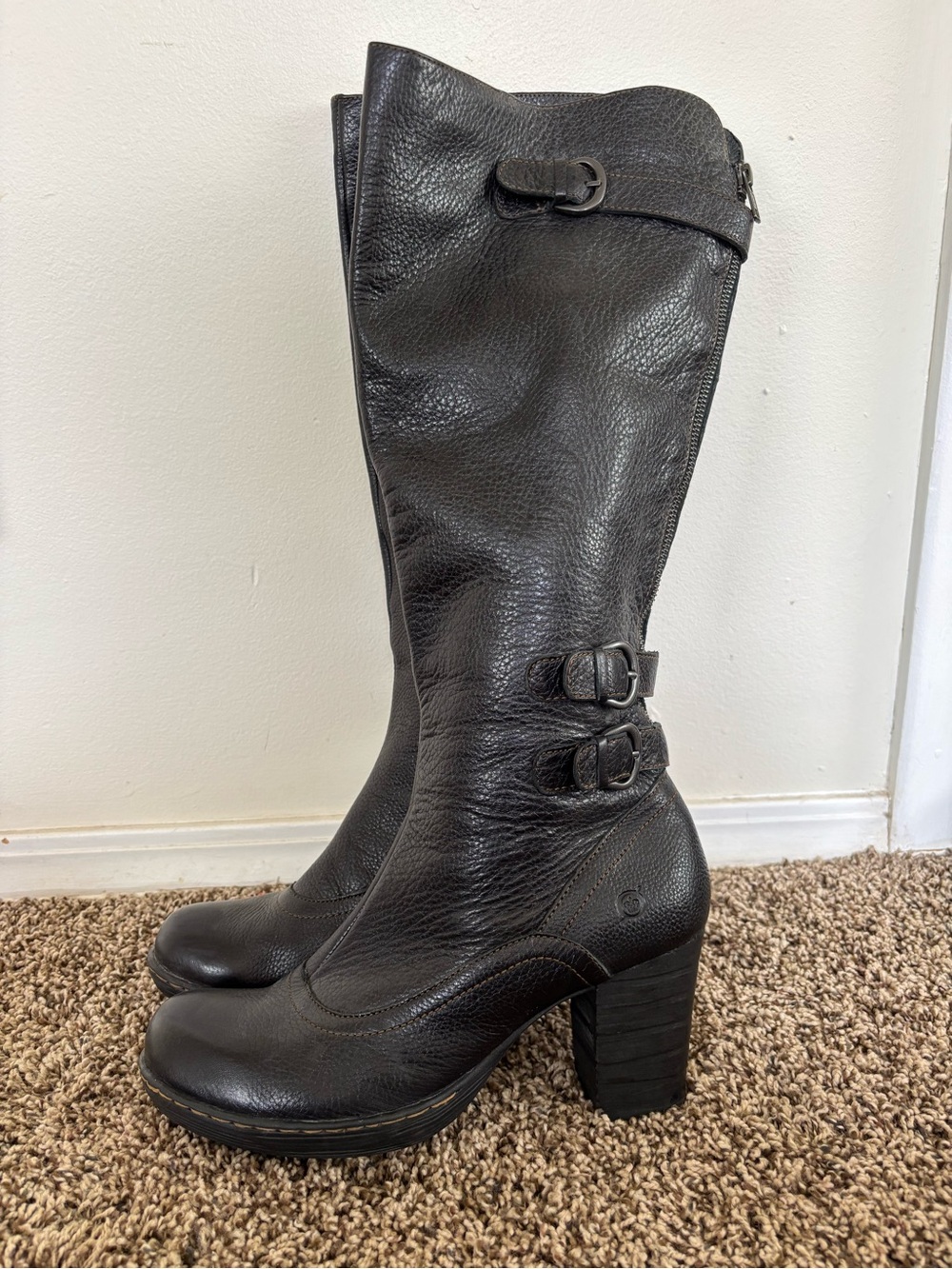 Women’s Born Black Leather Knee High Heeled Boots